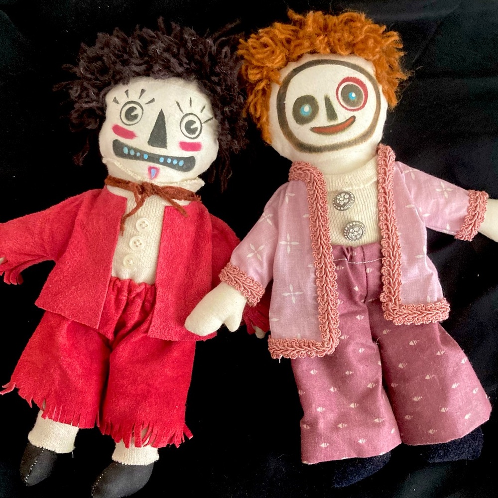 2 handmade hand painted adorable raggedy Ann type art dolls ooak